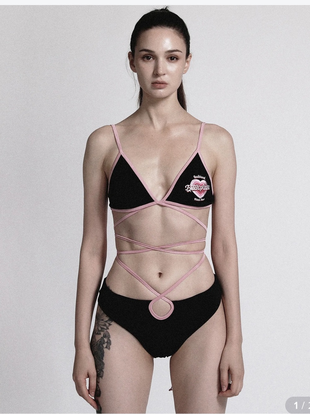 Pink-Trim Black Wrap Bikini Top and Bottom